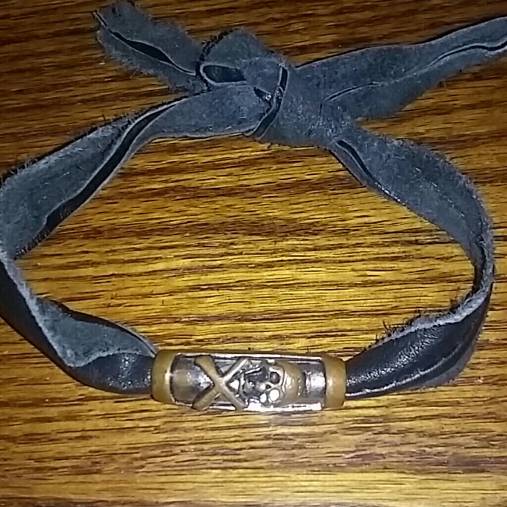 Skull and bones brass ,silver  leather bracelet